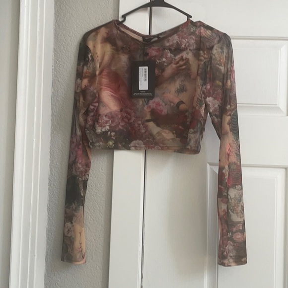 PrettyLittleThing Tops - Rose Renaissance Print Mesh long sleeve Crop Top NWT large